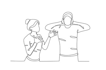 A wife is angry with her husband. Relationship problem one-line drawing