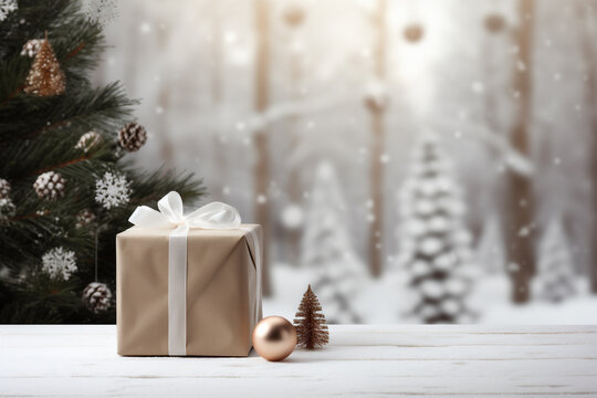 Christmas gift box with fir tree branches on blurred bokeh background