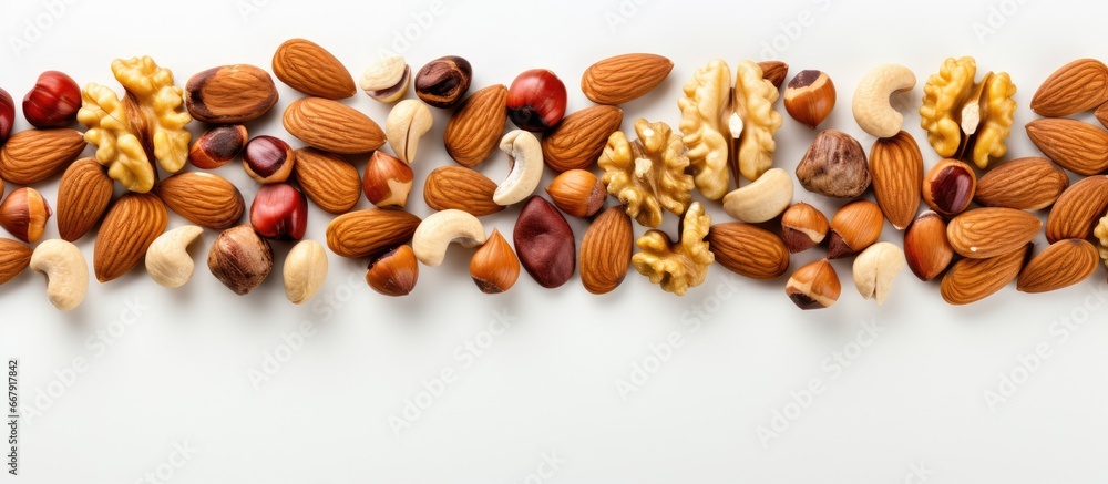 Aufkleber top view of isolated mixed nuts on white background with copy space