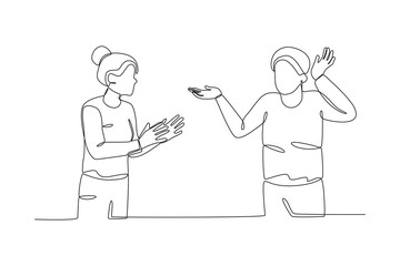 A couple argues the problem. Relationship problem one-line drawing