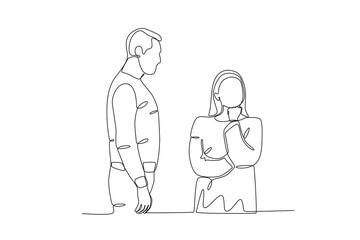 A man apologizes to his girlfriend. Relationship problem one-line drawing - obrazy, fototapety, plakaty