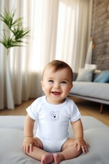 Fototapeta premium Smiling baby sitting in the living room at home with white background
