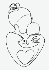 Continuous line drawing of mother with a baby with heart shape symbol.Hand drawn illustration for Happy International Mother's Day card.Vector mother's day concep and minimalism style concept.