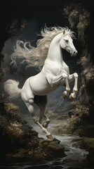 Obraz na płótnie Canvas Majestic White Horse Galloping Through the Mystical Realms of Dramatic Surrealism, Surrounded by Ethereal Beauty and Otherworldly Wonders