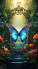 Captivating Butterfly Amidst a Whimsical Garden of Enchanted Beauty, Where Magical Flowers Bloom in Splendid Harmony