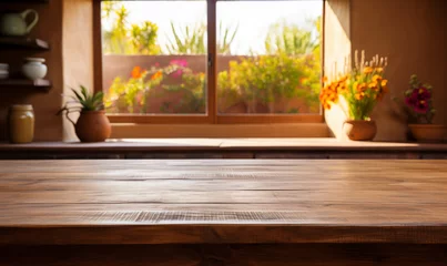 Foto op Canvas Acercamiento a una mesa rústica de madera vacía en una cocina de una hermosa casa mexicana © adanzat