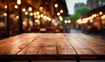 Acercamiento a una mesa rústica de madera vacía de un restaurante en una hermosa calle - obrazy, fototapety, plakaty