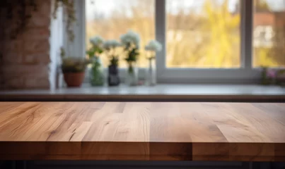 Foto op Canvas Acercamiento a una mesa de madera vacía en una cocina de una hermosa casa © adanzat