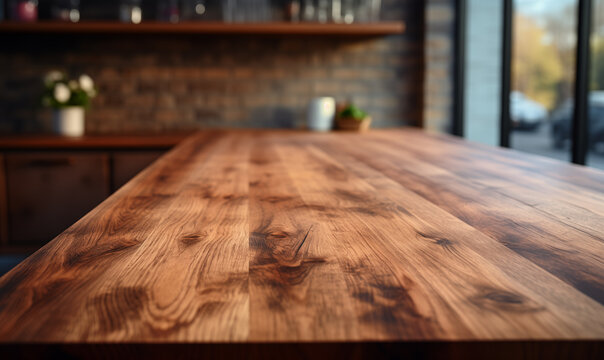 Acercamiento a una mesa r&uacute;stica de madera vac&iacute;a en una cafeter&iacute;a moderna