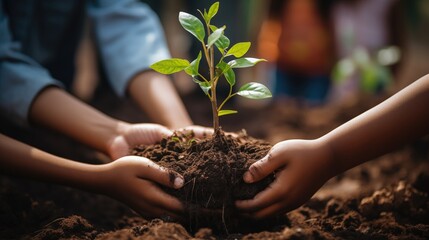 Children planting trees, celebrating nature's beauty. Reforestation hope for cleaner future. Earth's health responsibility. - obrazy, fototapety, plakaty