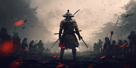 A samurai with a katana stands ready to fight against a huge army,generative ai