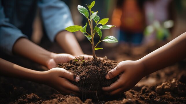 Children planting trees, celebrating nature's beauty. Reforestation hope for cleaner future. Earth's health responsibility.