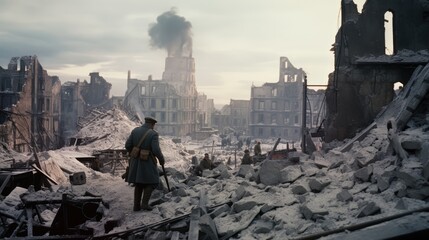 Desolation in the Heart of Frozen Stalingrad: A War Film Still Depicts Soviet Soldiers' Heroic Advance Through the Brutal Winter of 1942, Amidst a Devastated Cityscape. - obrazy, fototapety, plakaty