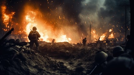 The Fury of Battle: A Glimpse of World War I Soldiers in a Chaotic Scene of Smoke, Rain, Explosions, and Fire Amidst Utter Destruction, Illustrating the Harsh Realities of Wartime.

