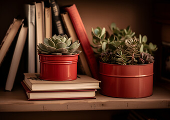 Shelves and books, plants and pots, warmly designed book nook. Generative AI
