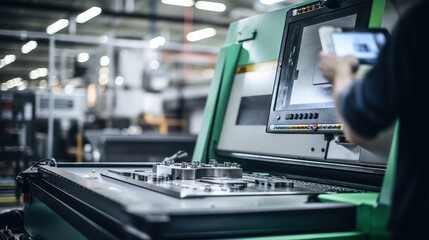 An Selective focus on CNC machine: Industrial worker inspects work in an industrial factory, controlling a CNC machine with a laptop.