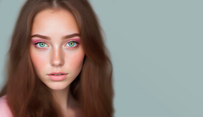 retrato joven mujer con pecas y ojos claros  sobre un fondo liso verdoso 