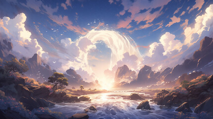 Radiant Sunlit Anime Landscapes: Atmospheric Intensity Unveiled - obrazy, fototapety, plakaty
