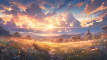 Radiant Sunlit Anime Landscapes: Atmospheric Intensity Unveiled