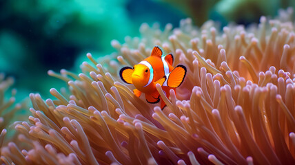 Naklejka na ściany i meble a clown fish swimming in a sea anemone.