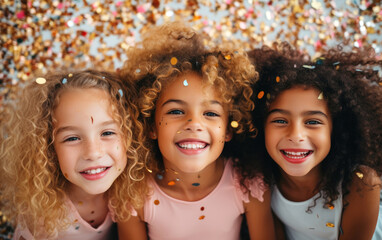 Group of smiling kids under falling confetti at birthday party - Powered by Adobe
