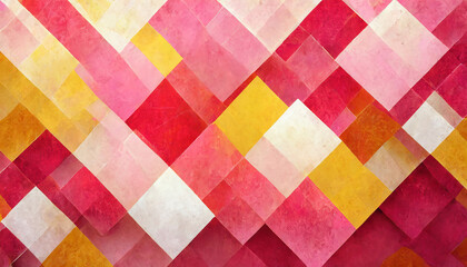 Abstract background pattern in pink red white and yellow colors with textured pattern diamonds or square shapes layered in random pattern
