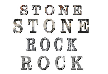 Word names for stone and rock. Filled fonts - inscriptions corresponding (with own photo material) to the content of the word, objects with a narrow shadow, isolated.