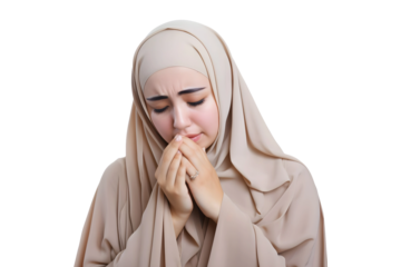 Beautiful Muslim girl praying or asking for help from God, weeping wearing Headscarf hijab , isolated on a transparent background, AI