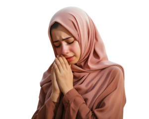 Muslim Girl wearing headscarf hijab crying due to depression or anxiety, isolated on a transparent background, AI
