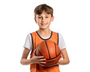 Small Basketball kid wearing Sports jersey holding a basketball (PNG Cutout) isolated on a transparent background, AI