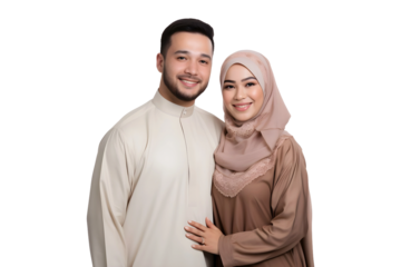 Young Muslim Couple (Husband and wife) standing together isolated on transparent background, AI