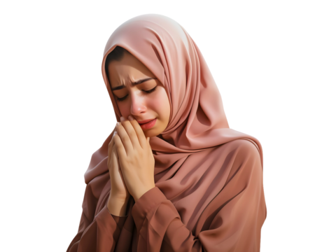 Muslim Girl wearing headscarf hijab crying due to depression or anxiety, isolated on a transparent background, AI
