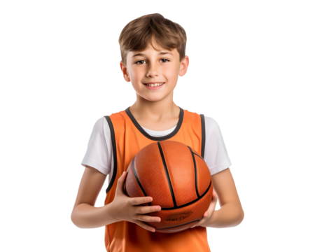 Small Basketball kid wearing Sports jersey holding a basketball (PNG Cutout) isolated on a transparent background, AI