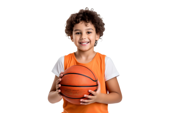 Small Passionate Basketball kid wearing Sports jersey  holding a basketball, isolated on a transparent background, AI