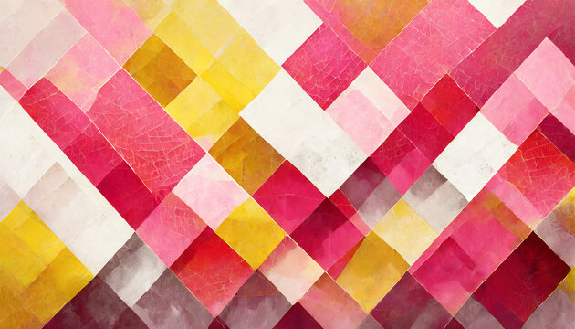 Abstract background pattern in pink red white and yellow colors with textured pattern diamonds or square shapes layered in random pattern