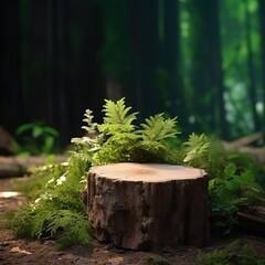 Empty table top made from an old tree stump with green forest background for product display