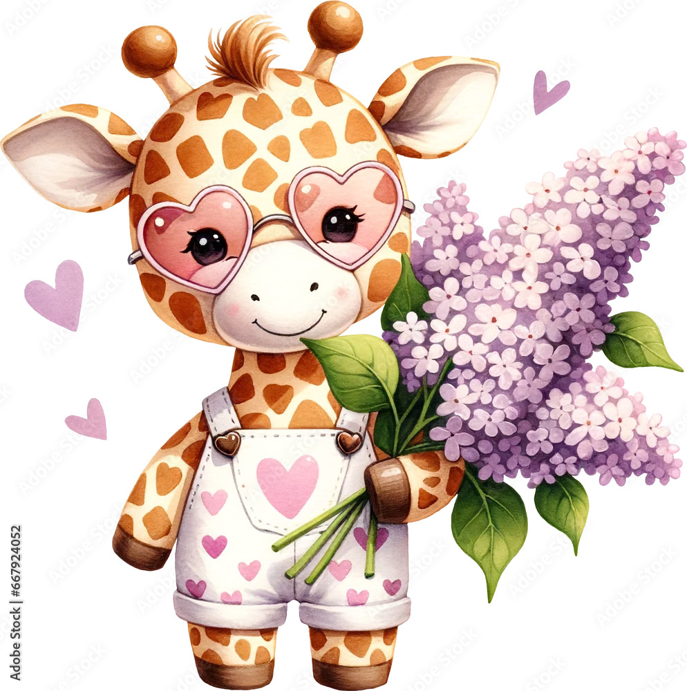 Poster cute giraffe character holding bouquet of lilac created with generative ai technology