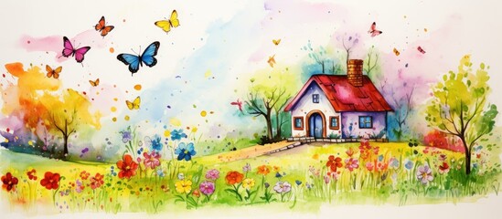 Summer brings joy to children as they draw butterflies near a colorful birch house surrounded by flowers With copyspace for text