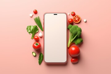 Smartphone with blank screen and fresh groceries. online grocery shopping app - obrazy, fototapety, plakaty