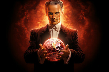 Evil in human form holds the  planet Earth in his hands, fantasy style, fire background