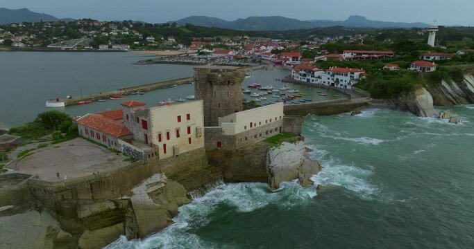 Aerial view entrance to the bay of Saint-Jean-de-Luz with Fort de Socoa, with unique landform in Ciboure and Saint-Jean-de-Luz, France