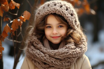 Winter girl portrait in the snow. Joyful winter children walking in warm outerwear. Enjoyment and delight in winter. Warm woolen winter clothes.