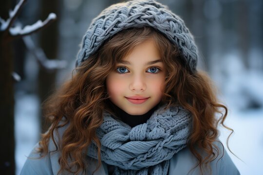 Winter girl portrait in the snow. Joyful winter children walking in warm outerwear. Enjoyment and delight in winter. Warm woolen winter clothes.