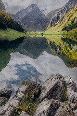 Fototapeta premium Lake Seealpsee near Appenzell in swiss Alps, Ebenalp, Switzerland. Swiss mountain view