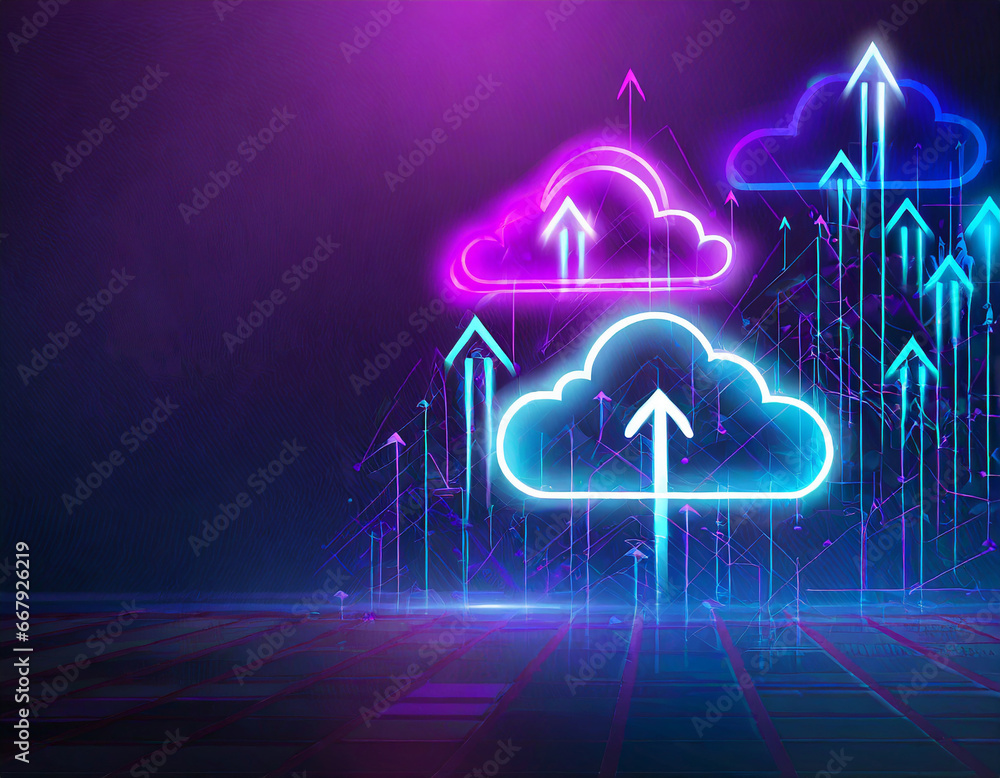 Poster abstract digital cloud computing icon with neon arrows up and down on a futuristic cyberpunk blue-pu