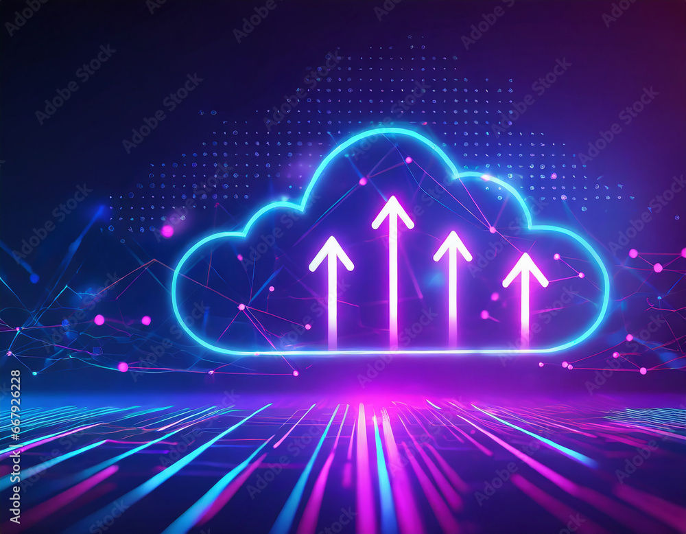 Poster abstract digital cloud computing icon with neon arrows up and down on a futuristic cyberpunk blue-pu