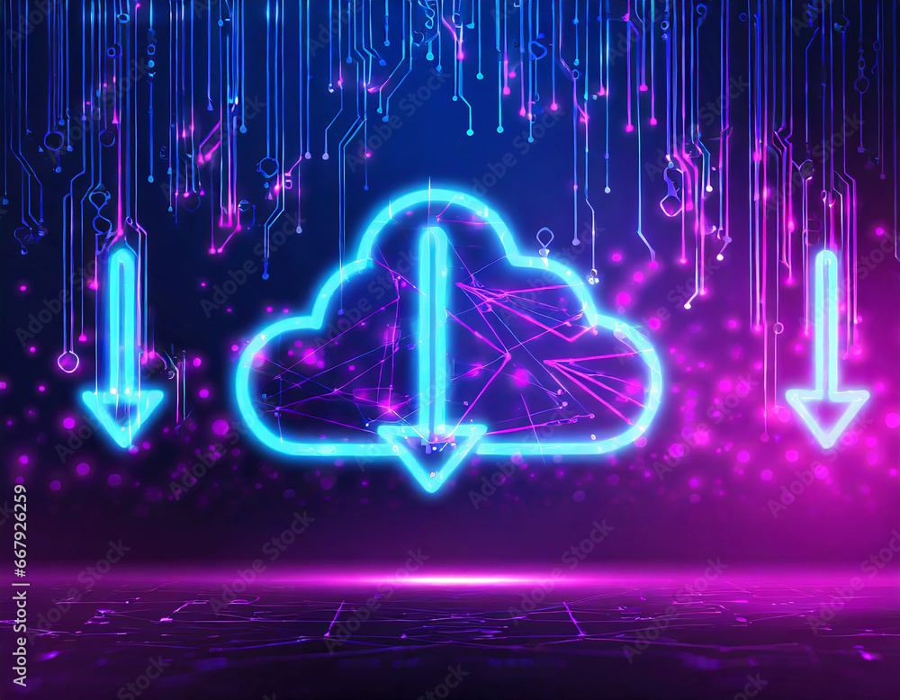 Poster abstract digital cloud computing icon with neon arrows up and down on a futuristic cyberpunk blue-pu