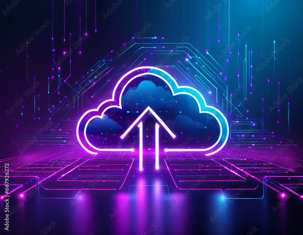 Poster abstract digital cloud computing icon with neon arrows up and down on a futuristic cyberpunk blue-pu