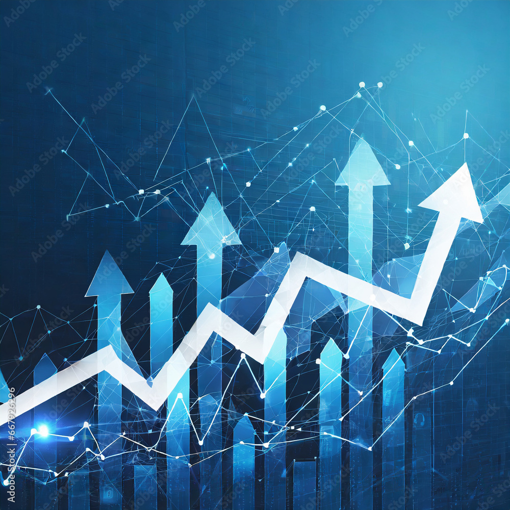 Poster abstract digital growing arrows up graph chart on technological blue low poly wireframe background. 