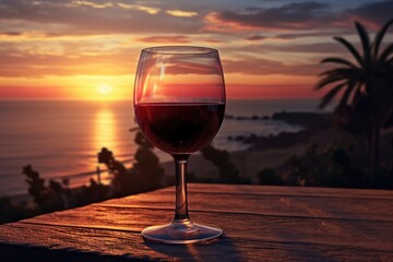 Glass of red wine against the backdrop of sunset and sea
